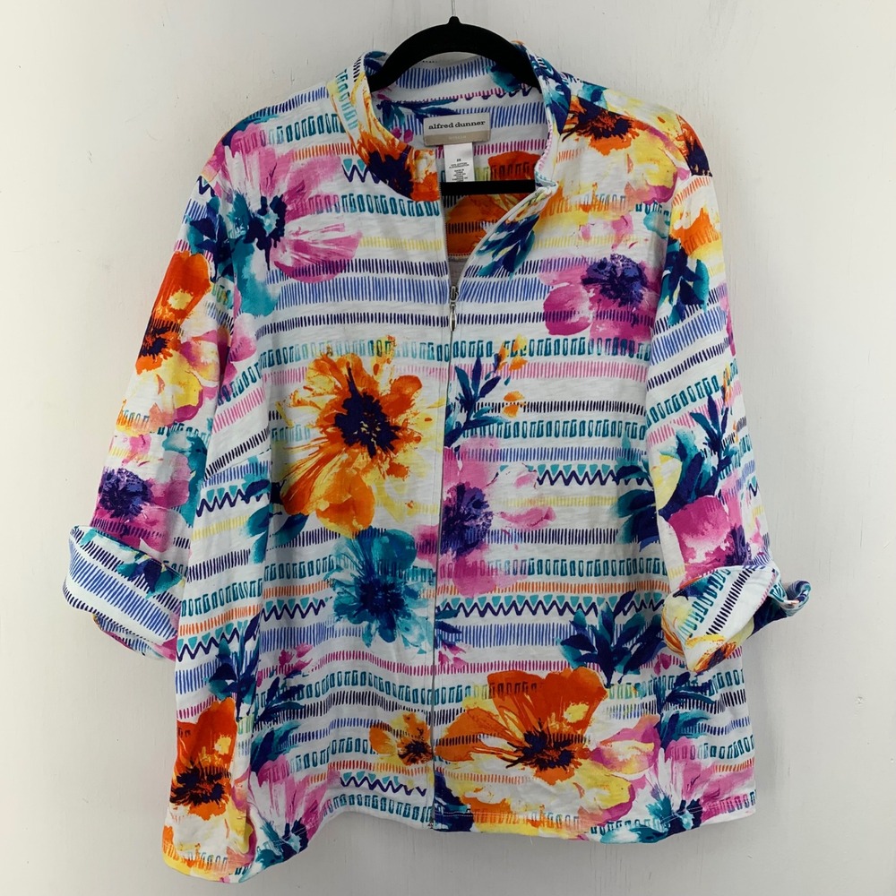 Colorful Artsy Coastal Grandma Woman 2X Floral Striped‎ Zip Front Cotton Jacket